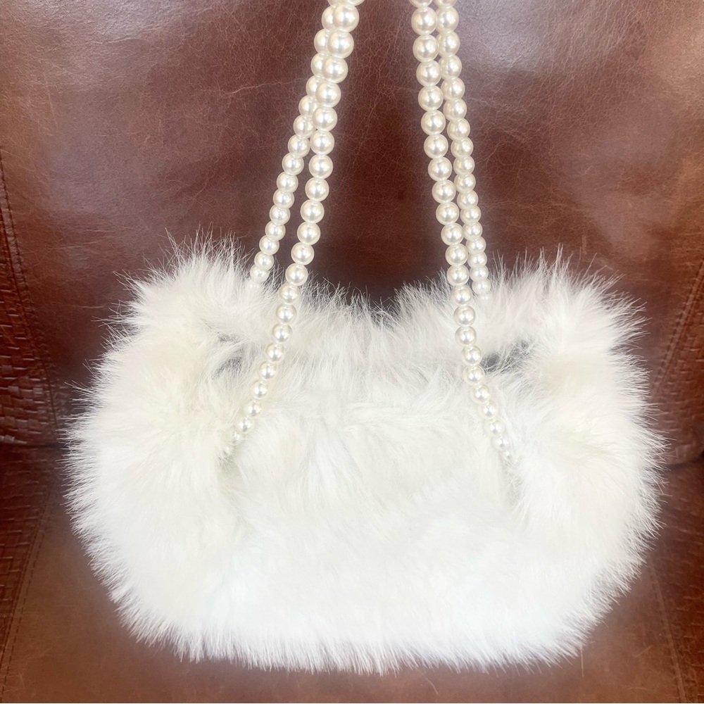 Genuine Fox Fur & Pearl Embossed Handle Straps Satchel Bag In Snow White Color - Picture 3 of 9